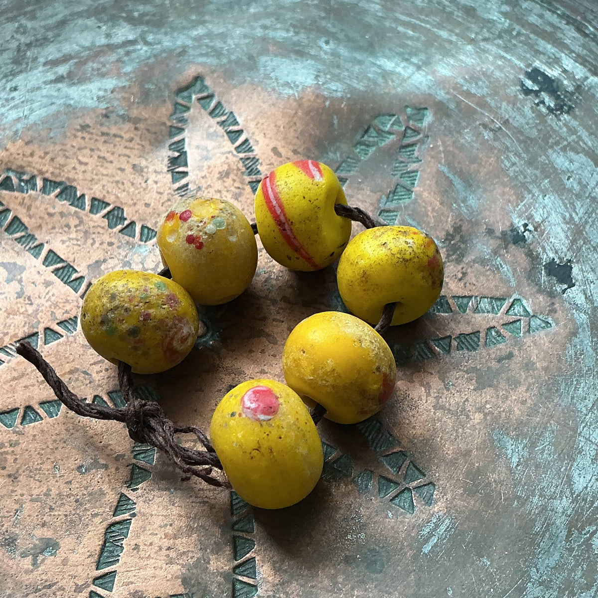 Short Strand of Yellow Flowered Antique Bohemian Glass Beads from the African Trade - Rita Okrent Collection (AT1966)