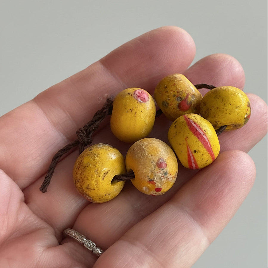 Short Strand of Yellow Flowered Antique Bohemian Glass Beads from the African Trade - Rita Okrent Collection (AT1966)