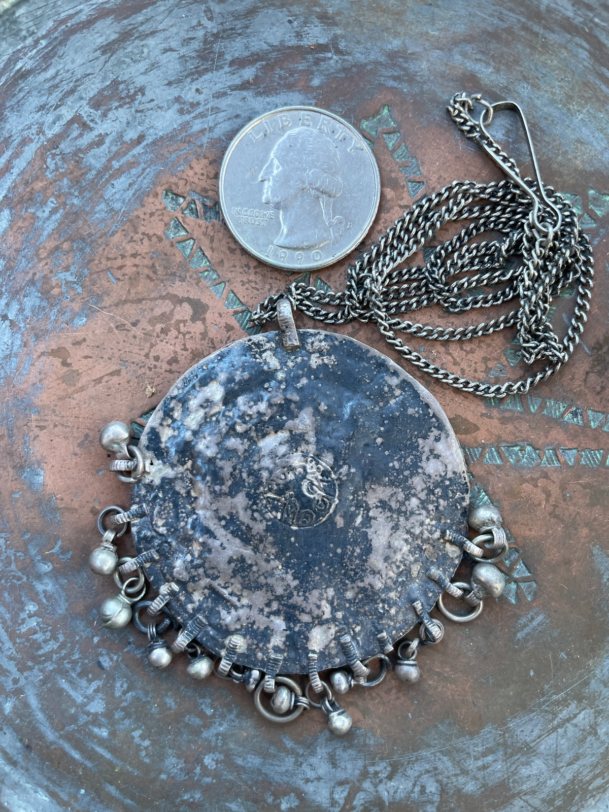 Vintage Circular Yemeni Silver Focal Pendant on Chain - Rita Okrent Collection (P915)