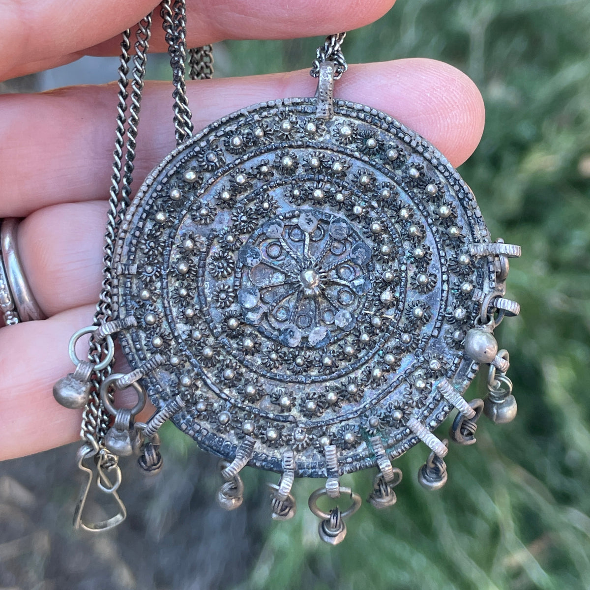 Vintage Circular Yemeni Silver Focal Pendant on Chain - Rita Okrent Collection (P915)