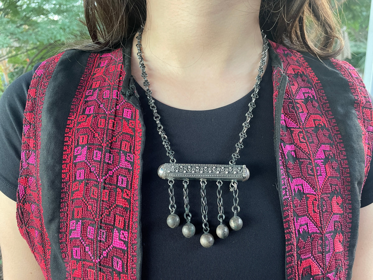Vintage Ethnic Silver Chain Necklace with Prayer Tube Amulet, Hallmarked - Rita Okrent Collection (NE443)