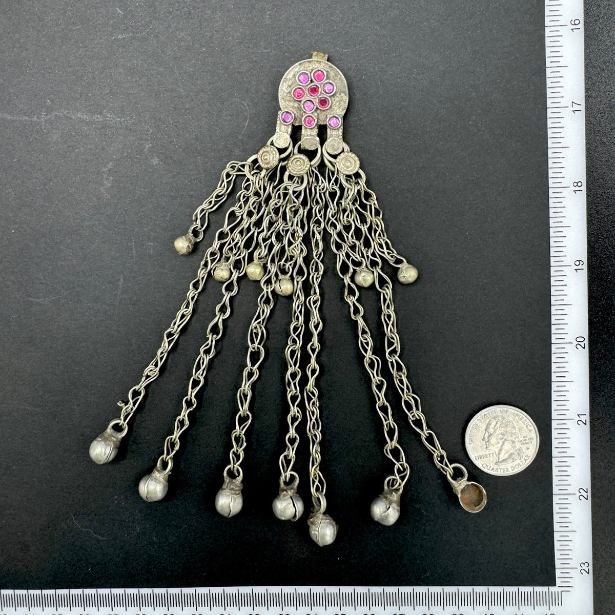 Sinai Bedouin Temporal Ornament with Pink Glass and Long Dangles - Rita Okrent Collection (P965)