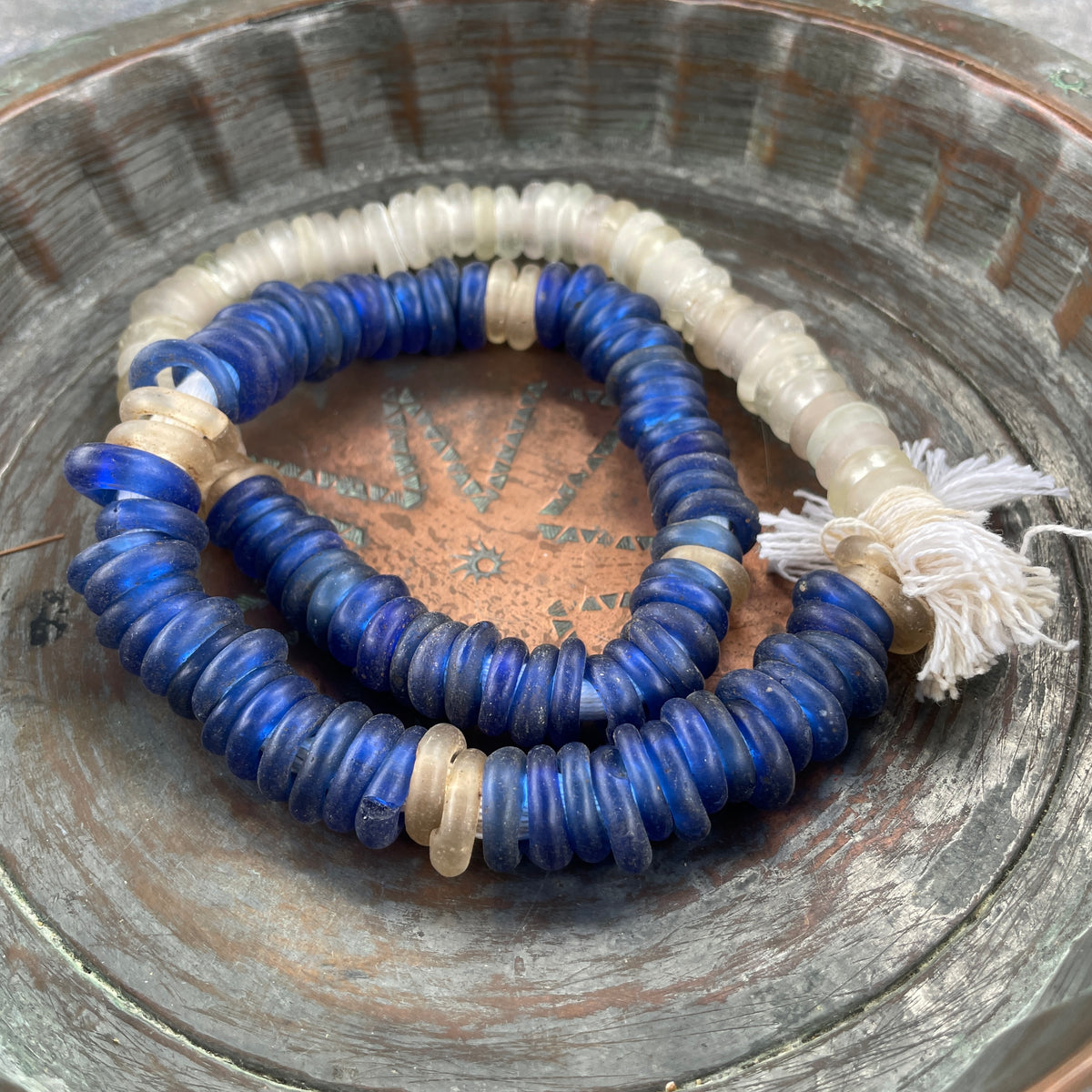 Strand of Antique Translucent Blue and White Dutch Glass Annular Wound Beads - Rita Okrent Collection (AT0906)