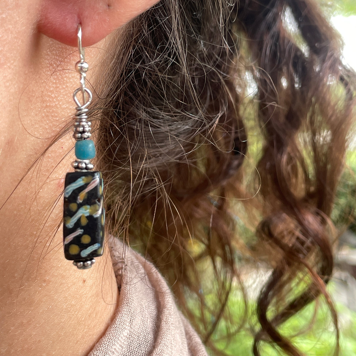 Antique African Trade Bead Earrings with Ancient Glass and Sterling Silver- Rita Okrent Collection (E549)