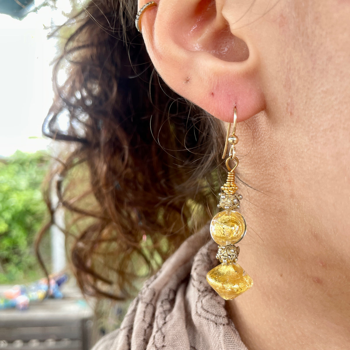 Venetian Gold Foil Glass Beaded Earrings with Antique Gold-Washed Beads from Mauritania- Rita Okrent Collection (E359)