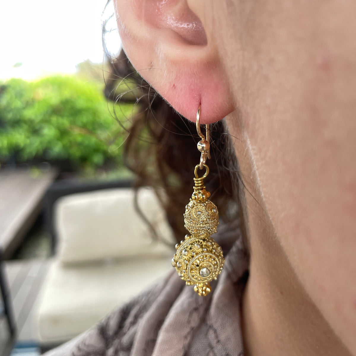 Gold-Washed Granulated Beaded Earrings - Rita Okrent Collection (E424)