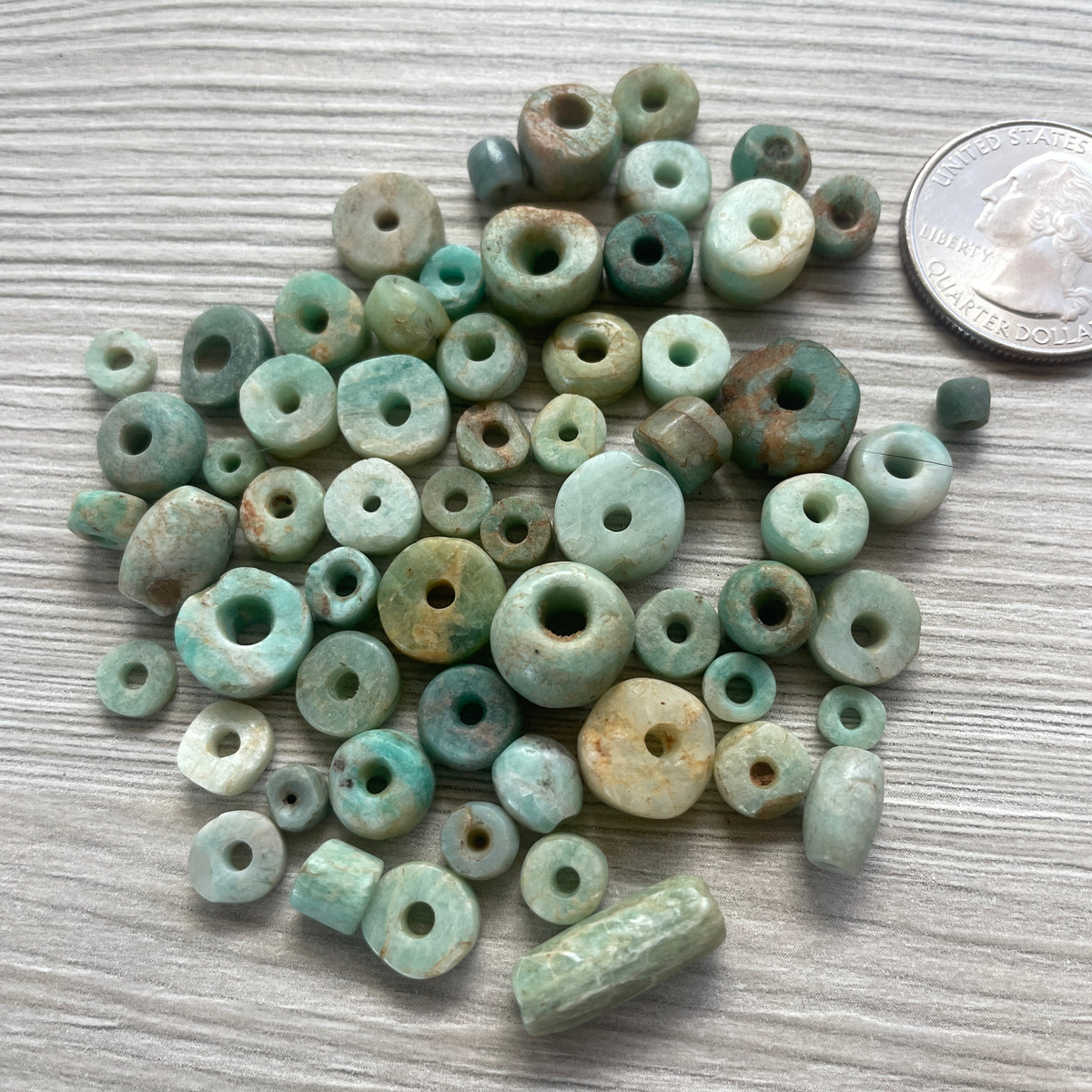 Big Group of Loose Ancient Amazonite Beads in Mixed Shapes and Sizes - Rita Okrent Collection (S532)