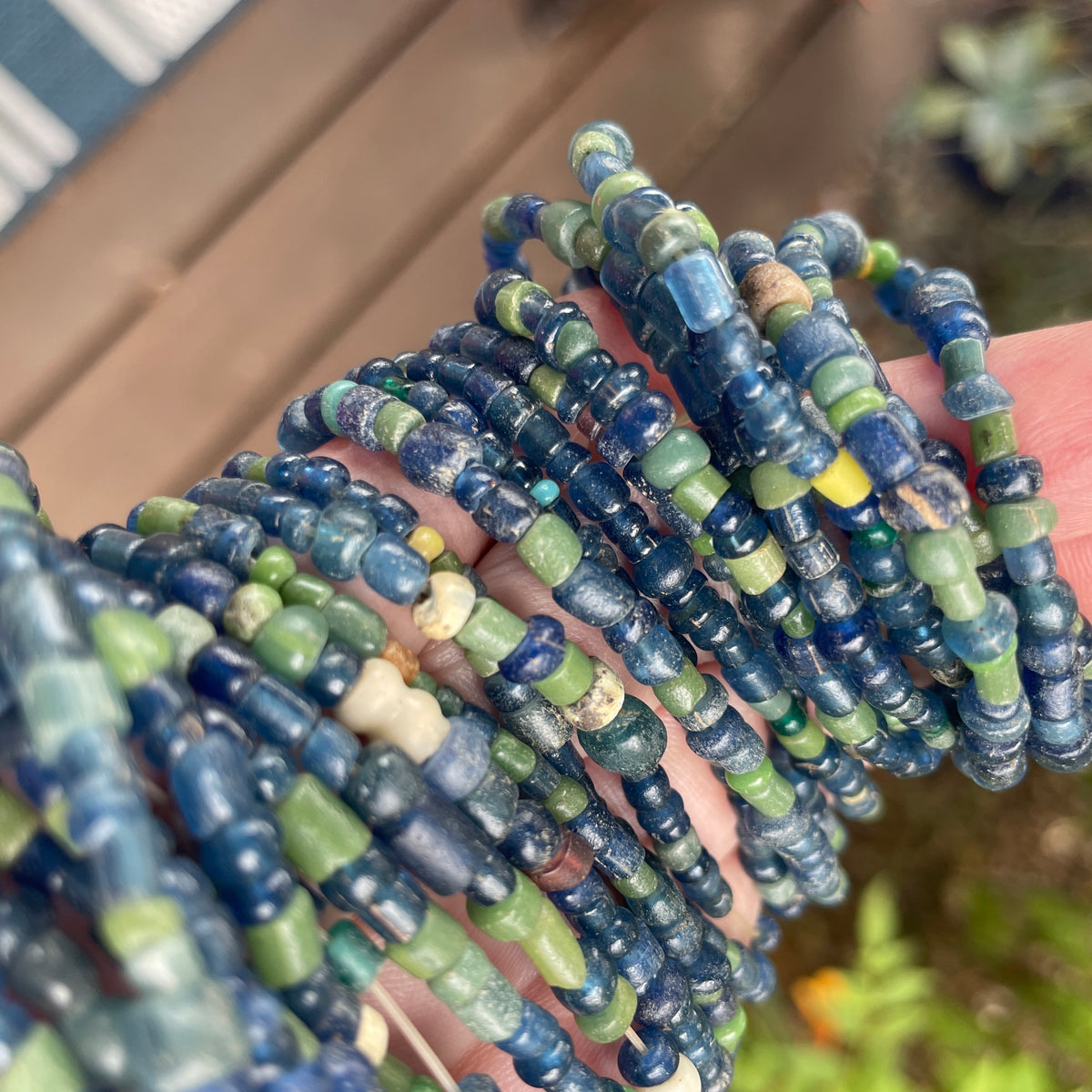 Very Long Strand of Small Blue and Green Translucent Glass Nila Beads from Mali - Rita Okrent Collection (AT1850c)