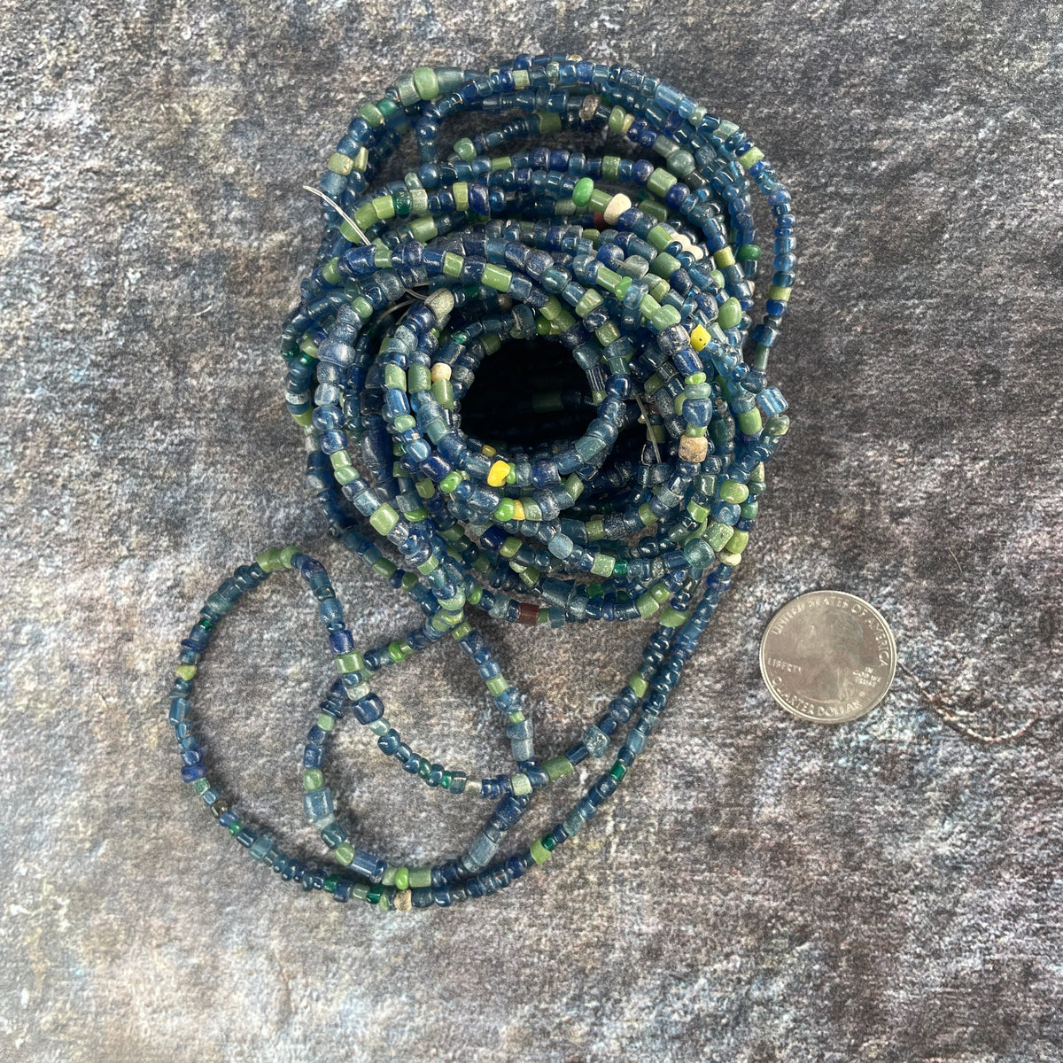 Very Long Strand of Small Blue and Green Translucent Glass Nila Beads from Mali - Rita Okrent Collection (AT1850c)