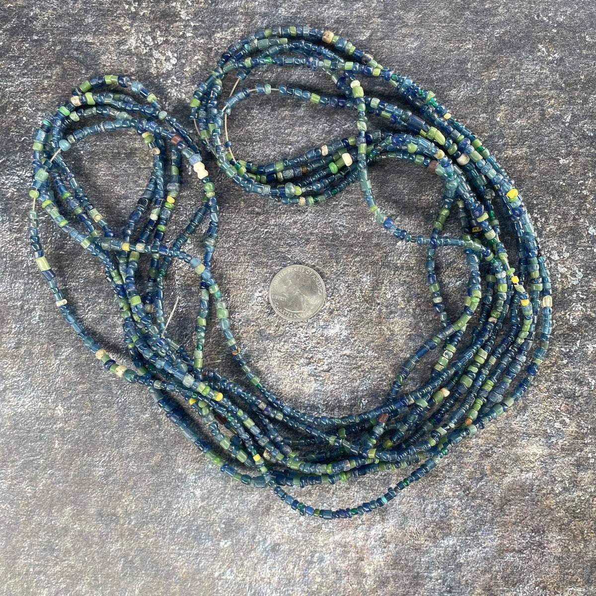 Very Long Strand of Small Blue and Green Translucent Glass Nila Beads from Mali - Rita Okrent Collection (AT1850c)