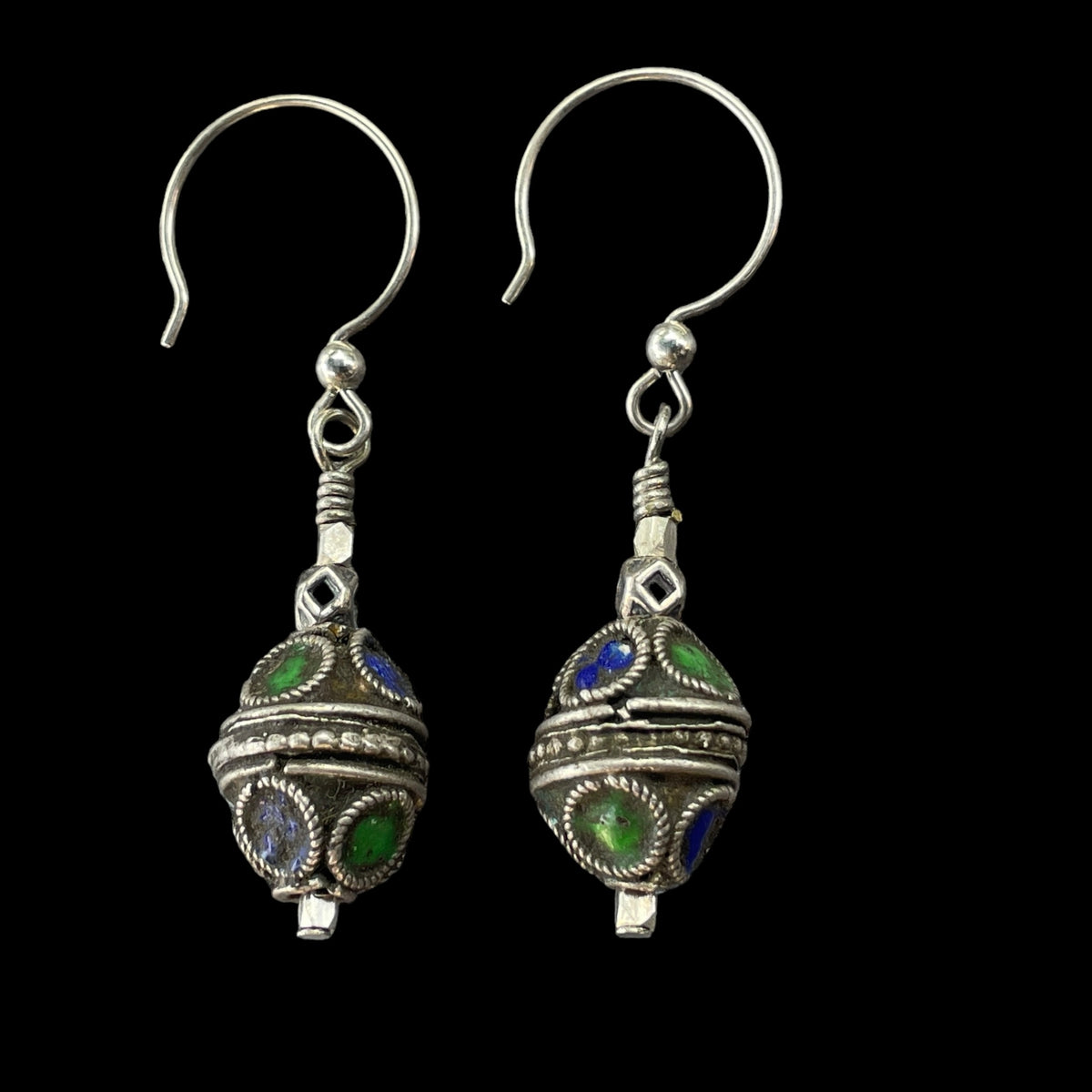 Enameled Silver Bead Earrings in Blue and Green - Rita Okrent Collection (E680)