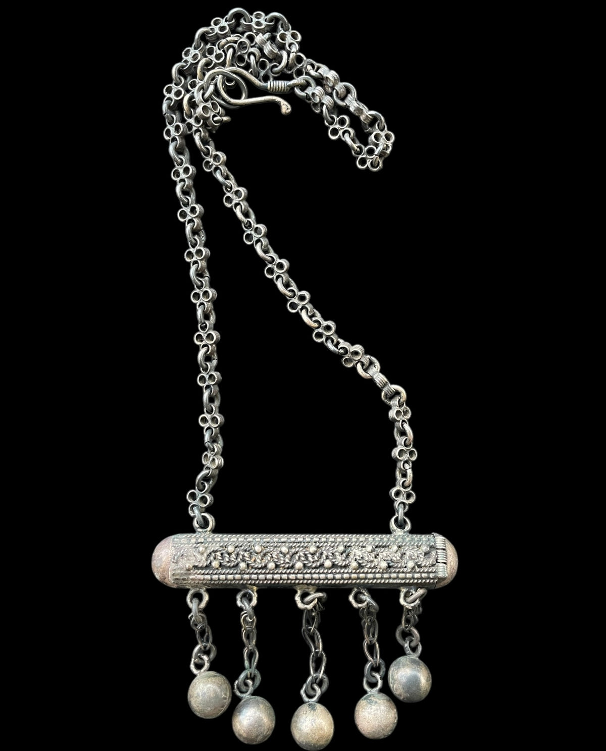 Vintage Ethnic Silver Chain Necklace with Prayer Tube Amulet, Hallmarked - Rita Okrent Collection (NE443)
