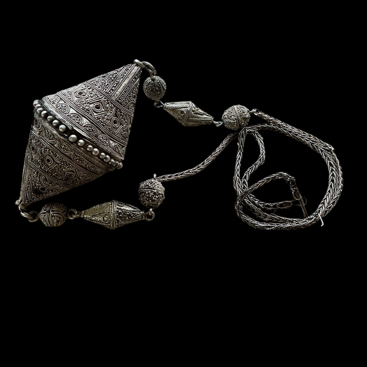 Traditional Silver Decorated Bicone Focal Bead, on a Silver Chain- Rita Okrent Collection (NE510)