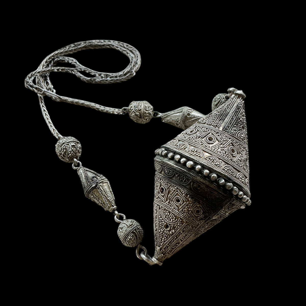 Traditional Silver Decorated Bicone Focal Bead, on a Silver Chain- Rita Okrent Collection (NE510)