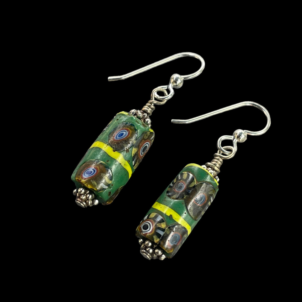 Antique Venetian Millefiori Bead Earrings with Silver from Bali - Rita Okrent Collection (E675)