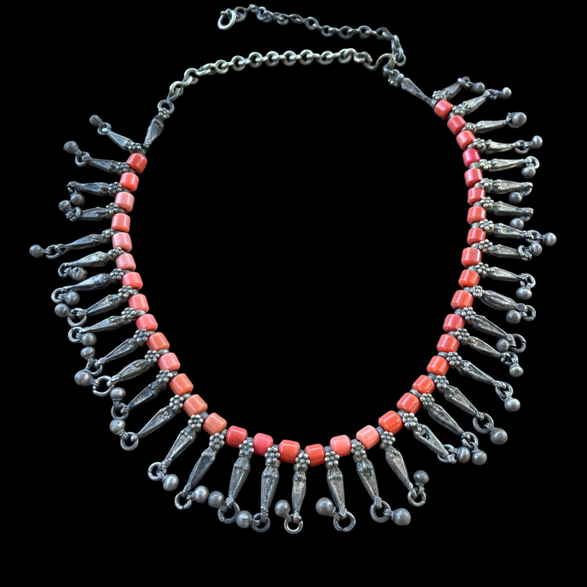 Ethnic Silver Dangle Necklace Adorned with Orange Glass - Rita Okrent Collection (NE541)