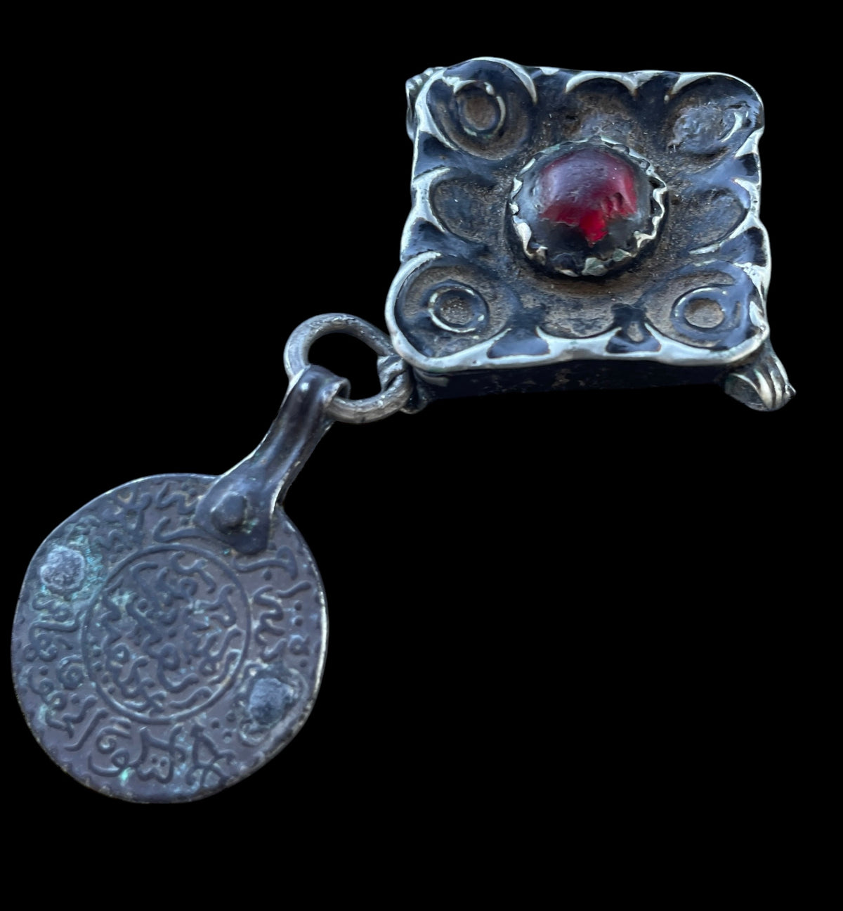 Antique Moroccan Box Pendant with Coin Dangle and Scented Paste - Rita Okrent Collection (P801)