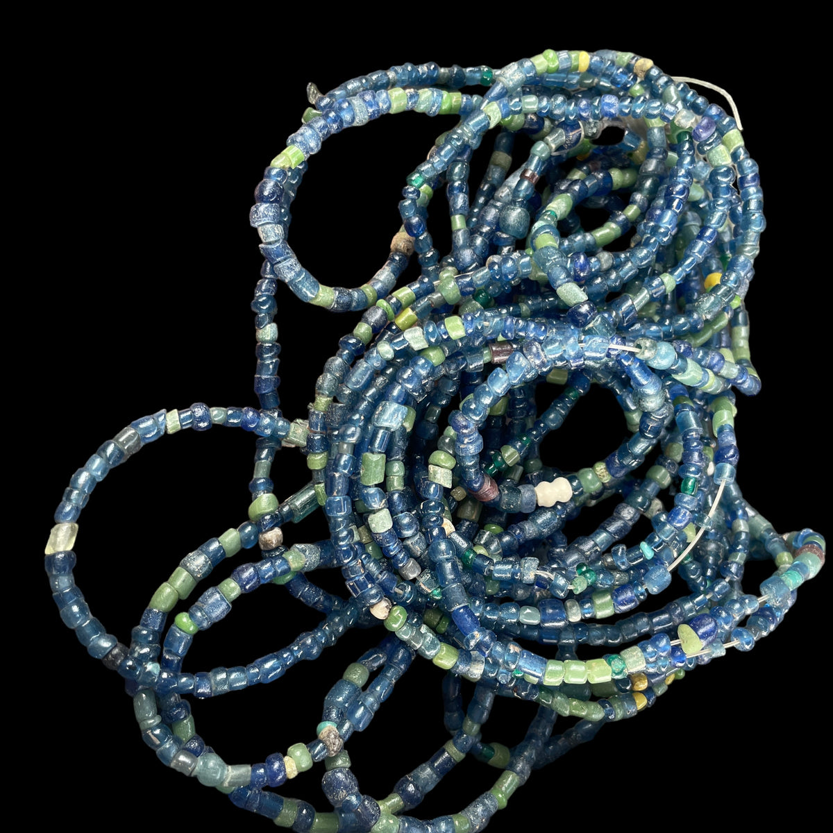 Very Long Strand of Small Blue and Green Translucent Glass Nila Beads from Mali - Rita Okrent Collection (AT1850c)