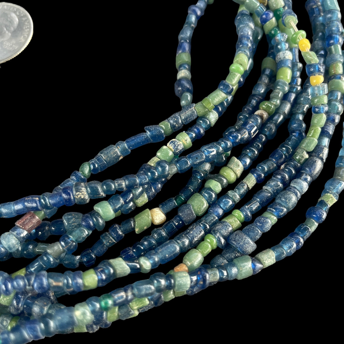 Very Long Strand of Small Blue and Green Translucent Glass Nila Beads from Mali - Rita Okrent Collection (AT1850c)