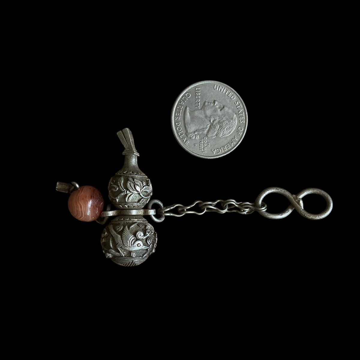 Antique Qing Dynasty Chinese Repousse Silver Hanging Bottle Gourd Amulet - Rita Okrent Collection (P606g)