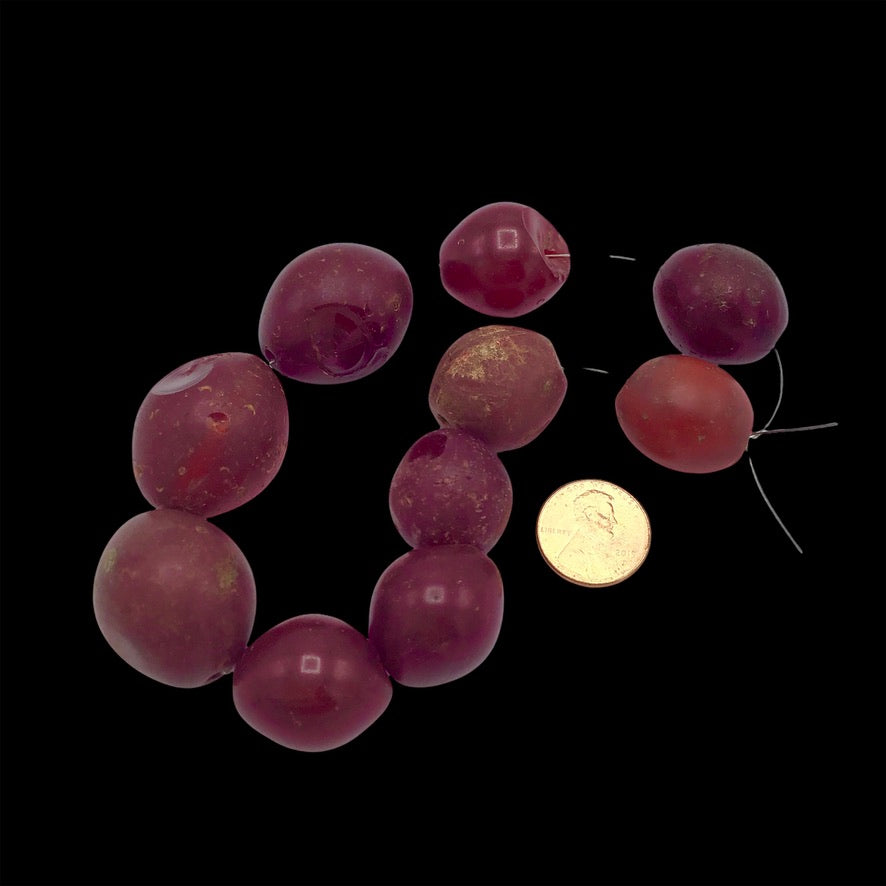 Short Strand of 10 Worn Antique Bohemian Maroon Red Pigeon Egg Beads from the African Trade - Rita Okrent Collection (AT0798m)