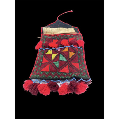 Traditional Bedouin Hand Embroidered Purse or Jewelry Bag, with Red Yarn Tassles - Rita Okrent Collection (AA291)