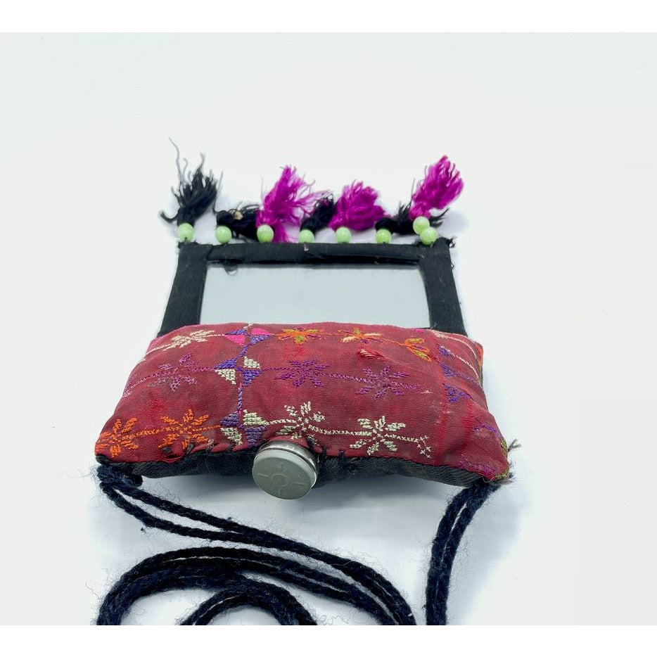 Palestinian Bedouin Kohl Container Textile Decorated with Mirror, Beads and Tassels - Rita Okrent Collection (AA560)