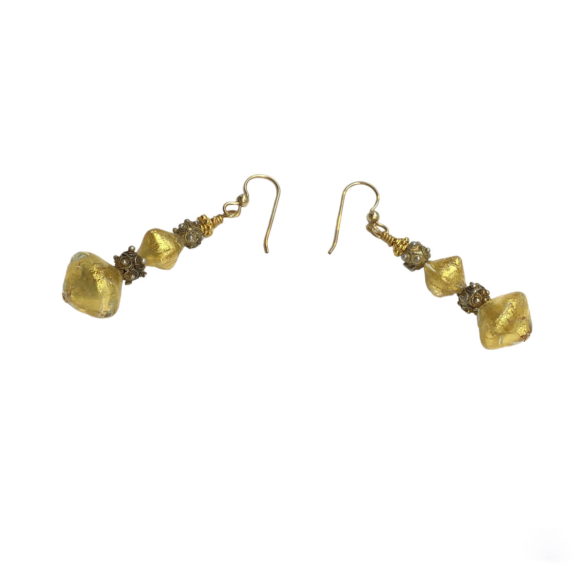 Venetian Gold Foil Glass Beaded Earrings with Antique Gold-Washed Beads from Mauritania- Rita Okrent Collection (E359)