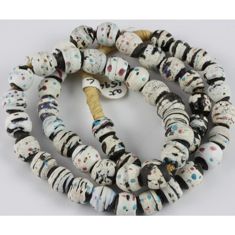 Black and white, red and blue speckled matched Venetian beads, antique, Nigeria