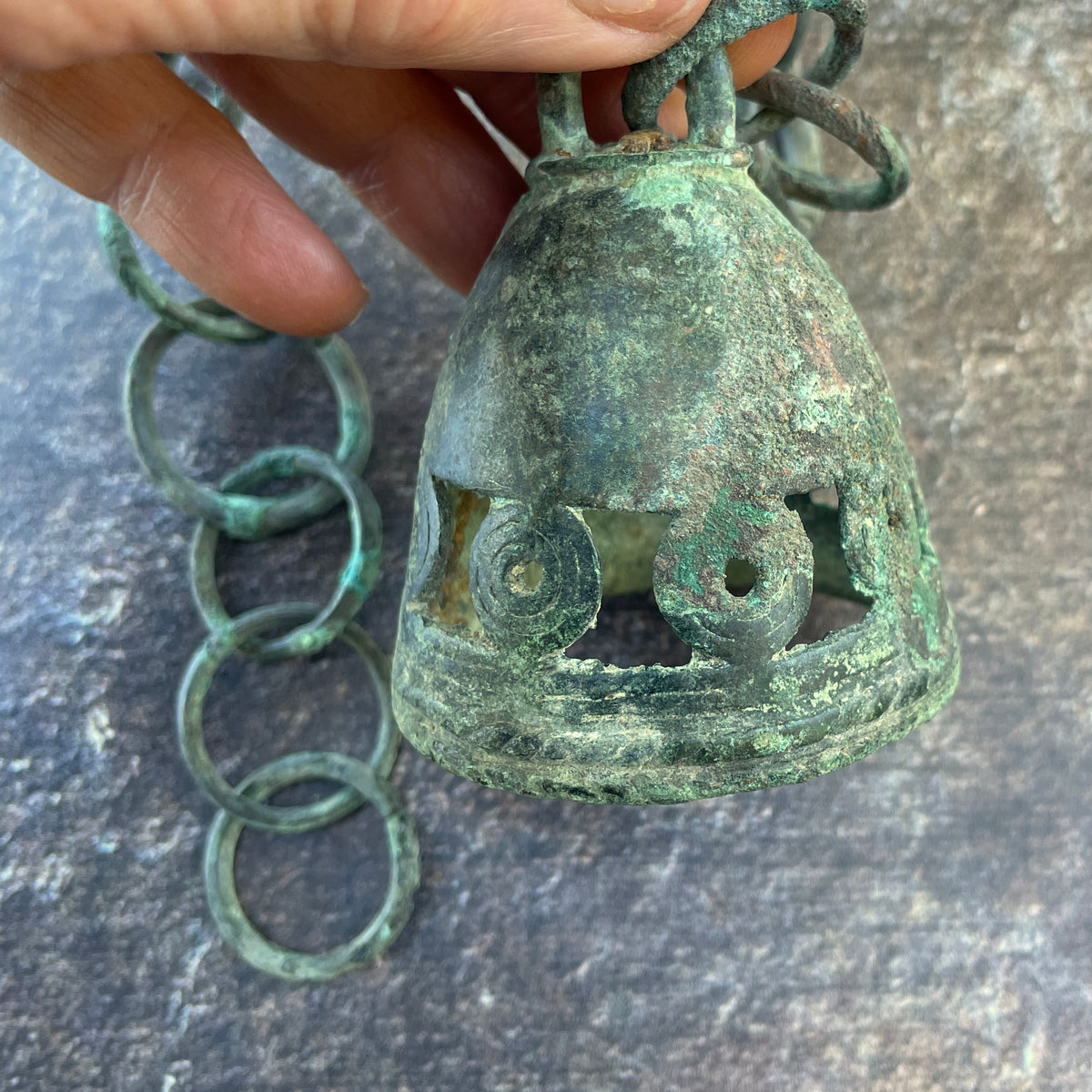 Antique Dogon Bronze Bell on Bronze Loop Chain with Lovely Patina, from Mali - Rita Okrent Collection (C174o)