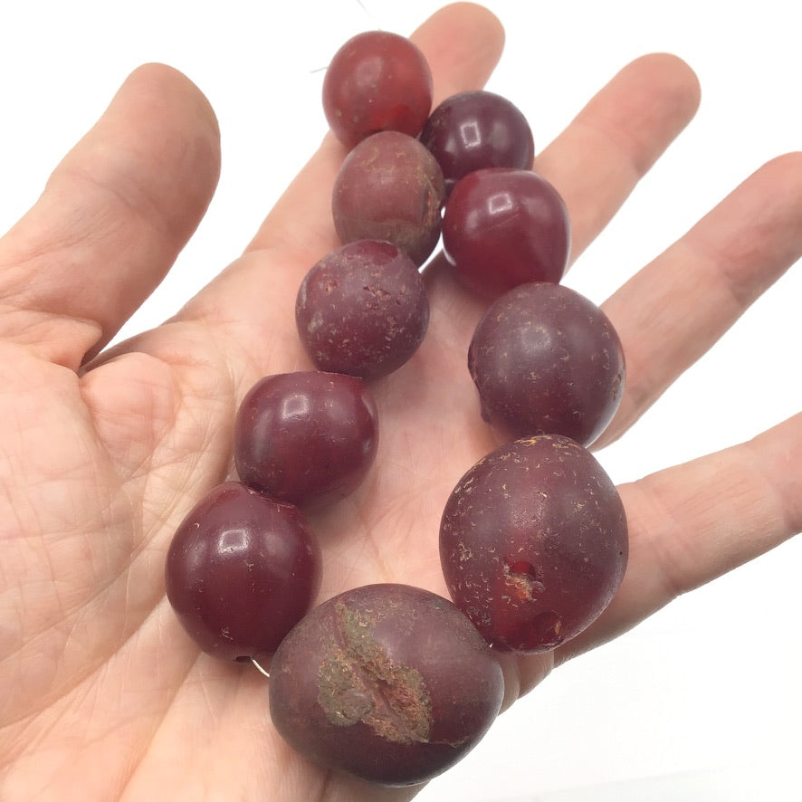 Short Strand of 10 Worn Antique Bohemian Maroon Red Pigeon Egg Beads from the African Trade - Rita Okrent Collection (AT0798m)