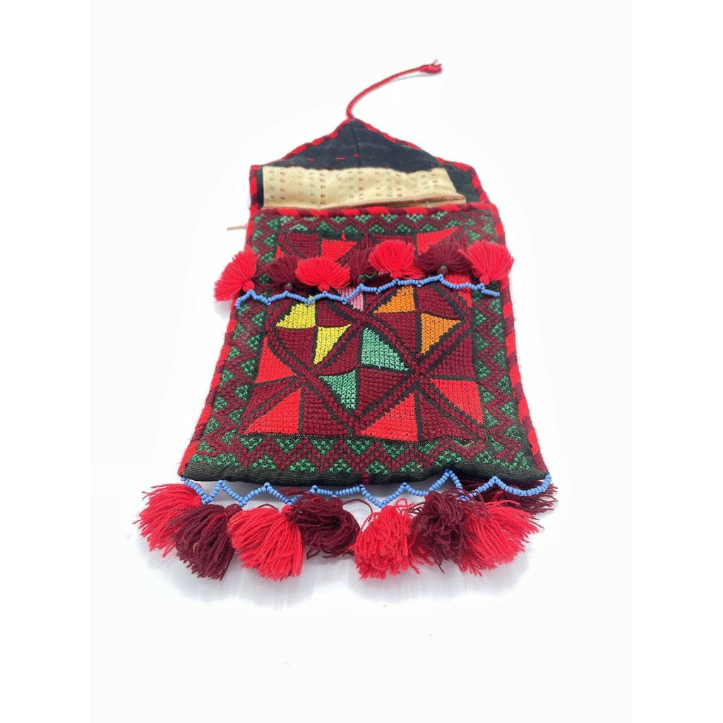 Traditional Bedouin Hand Embroidered Purse or Jewelry Bag, with Red Yarn Tassles - Rita Okrent Collection (AA291)