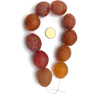 Short Strand of 10 Worn Antique Bohemian Orange Red Pigeon Egg Beads from Ethiopia - Rita Okrent Collection (AT0281b)