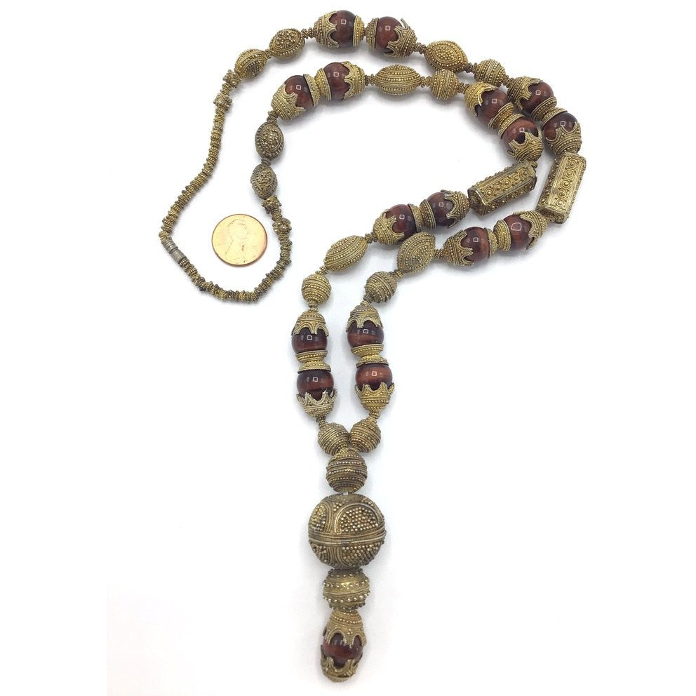 Vintage Mauritanian Gilded Granulated Silver Beaded Wedding Necklace with Faux Agate Glass Accents - Rita Okrent Collection (NE457)