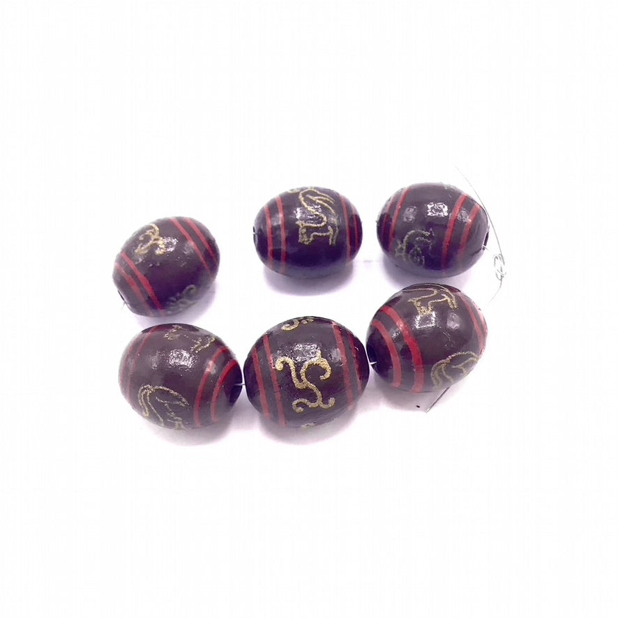 Matched Chinese Lacquer Brown, Red and Gold Wood Beads from China, Set of 6 - Rita Okrent Collection (ANT449)