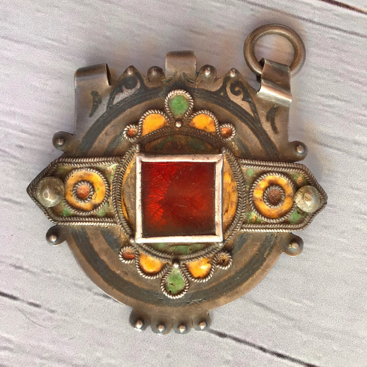 Old Berber Enamel and Niello Amulet with Red Glass Inset and 3 Top Bails, Morocco - Rita Okrent Collection (P617b)