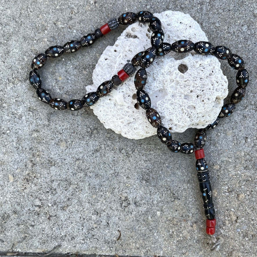 Yemeni Black Coral Beads, Inlaid with Silver and Turquoise, Tesbih - Prayer Strand - Rita Okrent Collection (ANT828)