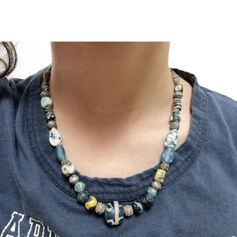 Ancient Glass Islamic Beads and Mauritanian Silver Beads Necklace - Rita Okrent Collection (NE587)