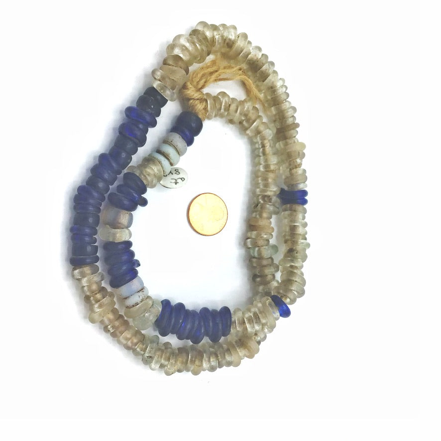 24 inch Strand of Cobalt Blue and Clear Dutch Donut Blue Annular Wound Glass Antique Trade Beads - Rita Okrent Collection (AT0848)