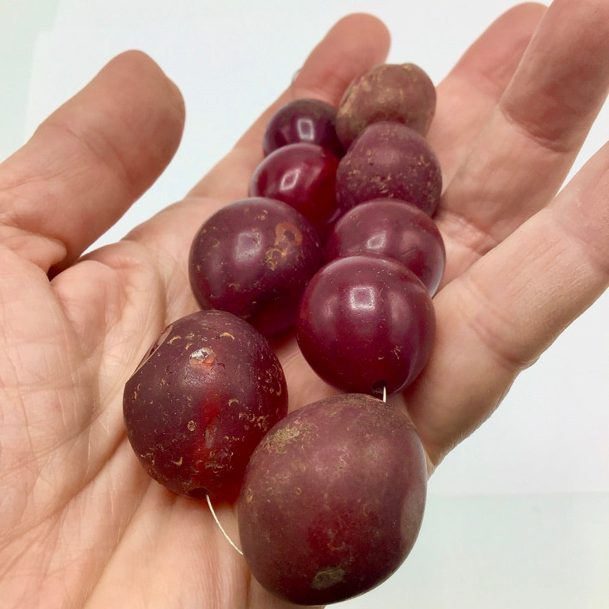 Short Strand of 10 Worn Antique Bohemian Maroon Red Pigeon Egg Beads from the African Trade - Rita Okrent Collection (AT0798m)