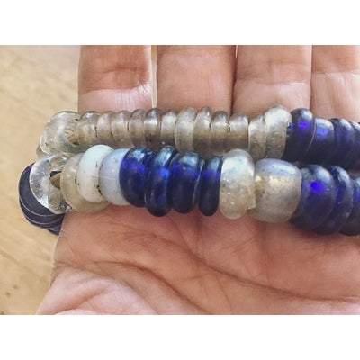24 inch Strand of Cobalt Blue and Clear Dutch Donut Blue Annular Wound Glass Antique Trade Beads - Rita Okrent Collection (AT0848)