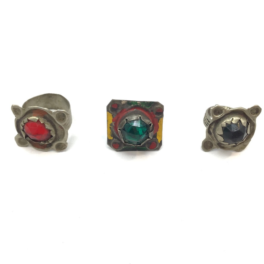 Group of 3 Vintage Colorful Metal and Glass Rings from Morocco - Rita Okrent Collection (BR102c)