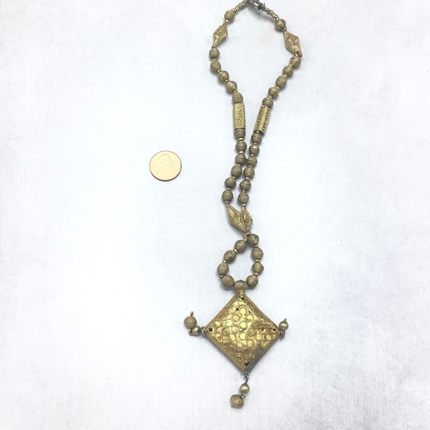 Mauritanian Gold-Plated Gilded Beaded Necklace with Diamond Shaped Pendant - Rita Okrent Collection (NE577)