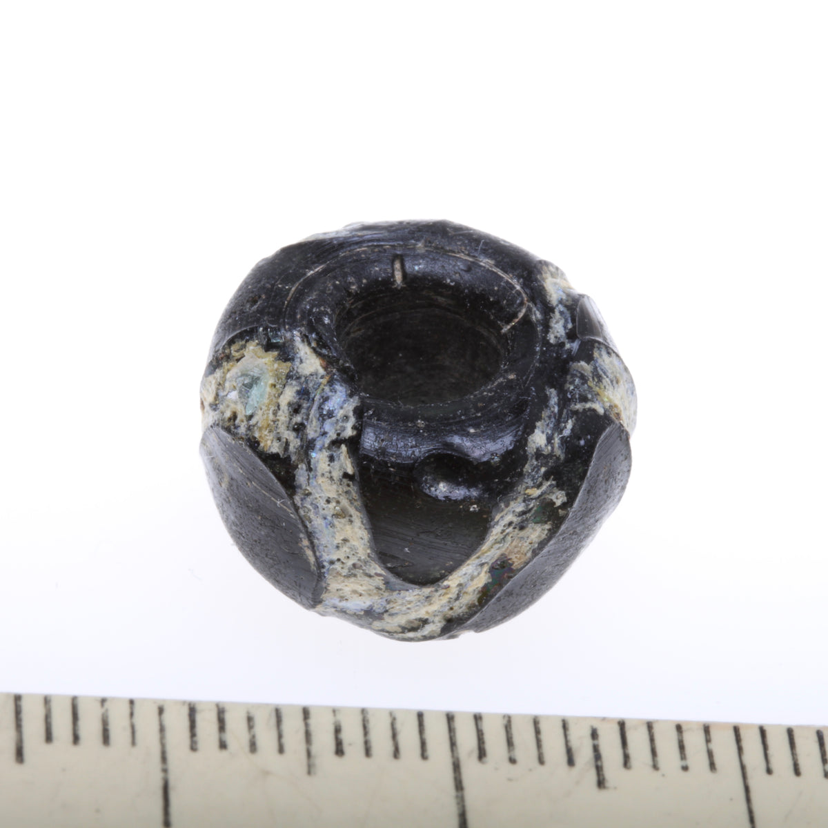 Ancient Black Glass Bead with White Florescent Swirls - Rita Okrent Collection (AG076e)