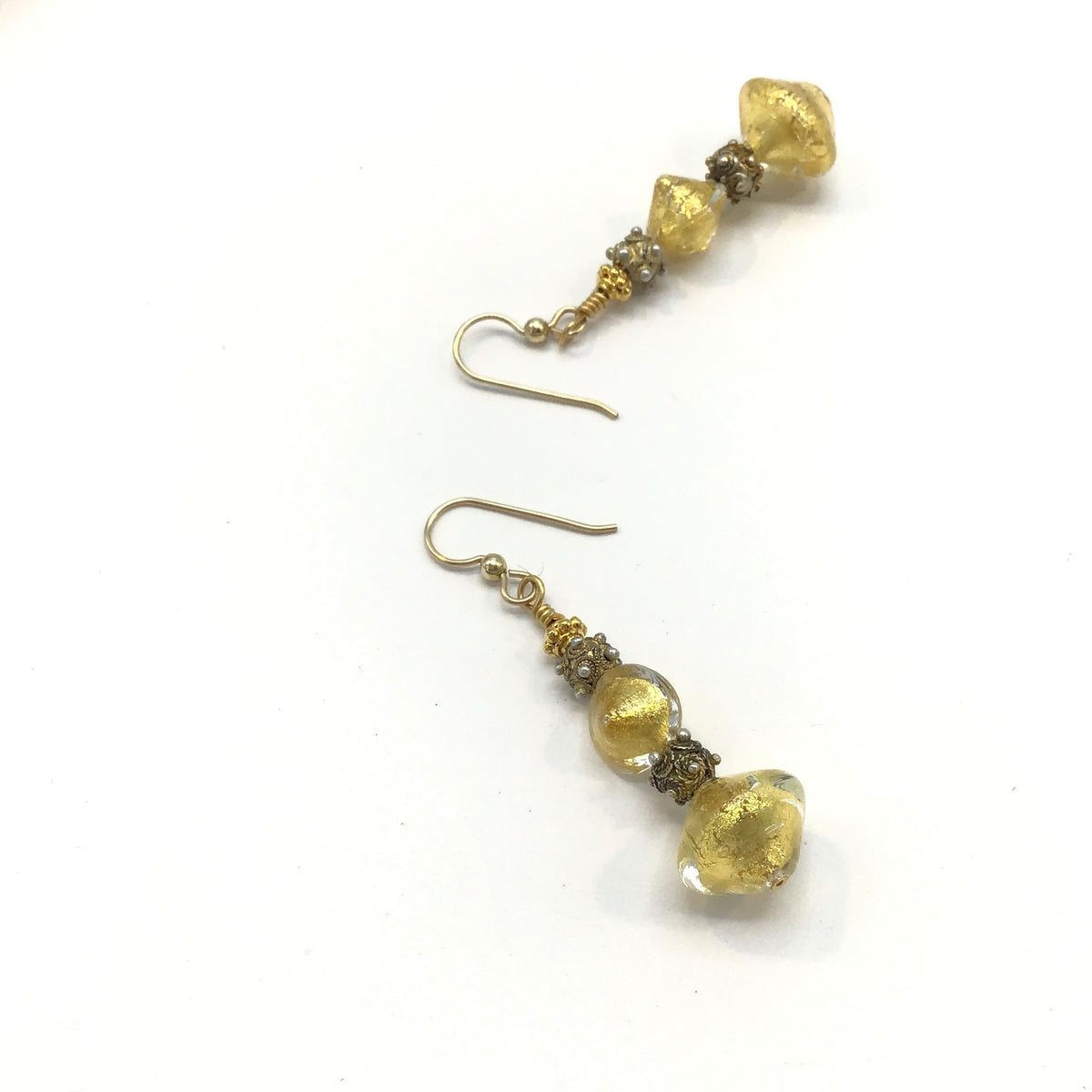 Venetian Gold Foil Glass Beaded Earrings with Antique Gold-Washed Beads from Mauritania- Rita Okrent Collection (E359)