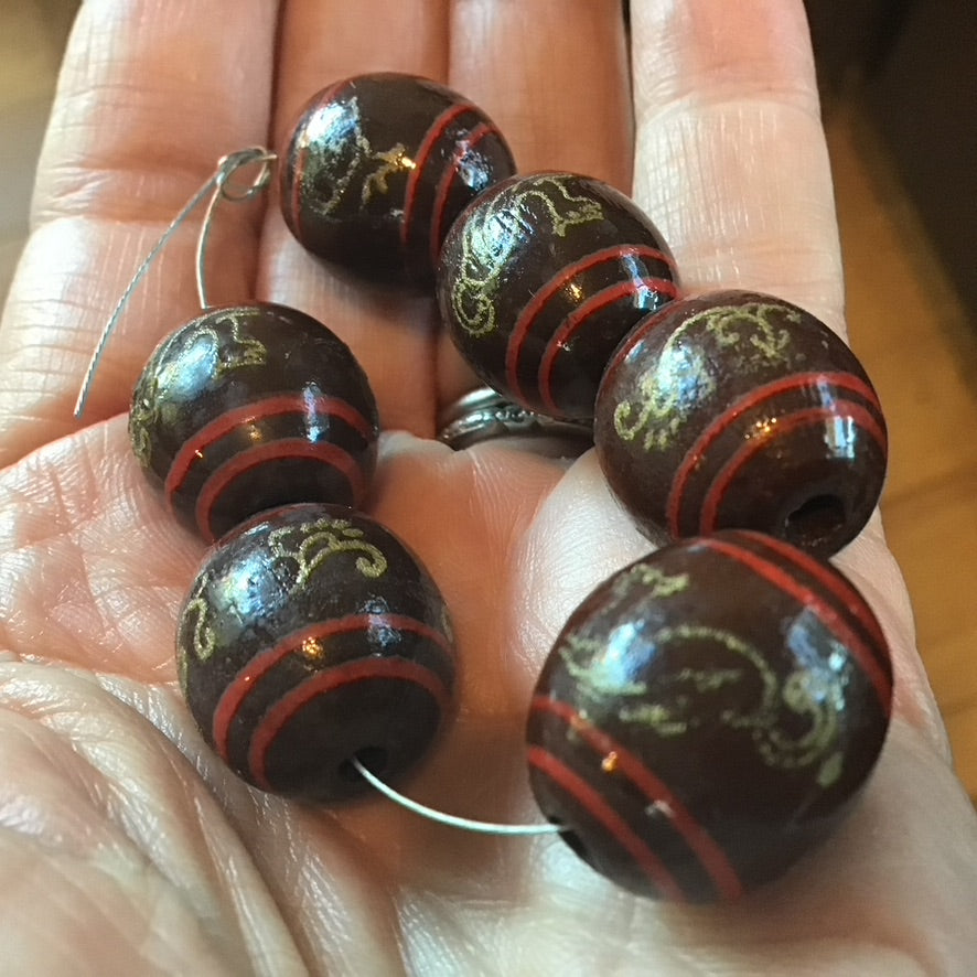 Matched Chinese Lacquer Brown, Red and Gold Wood Beads from China, Set of 6 - Rita Okrent Collection (ANT449)