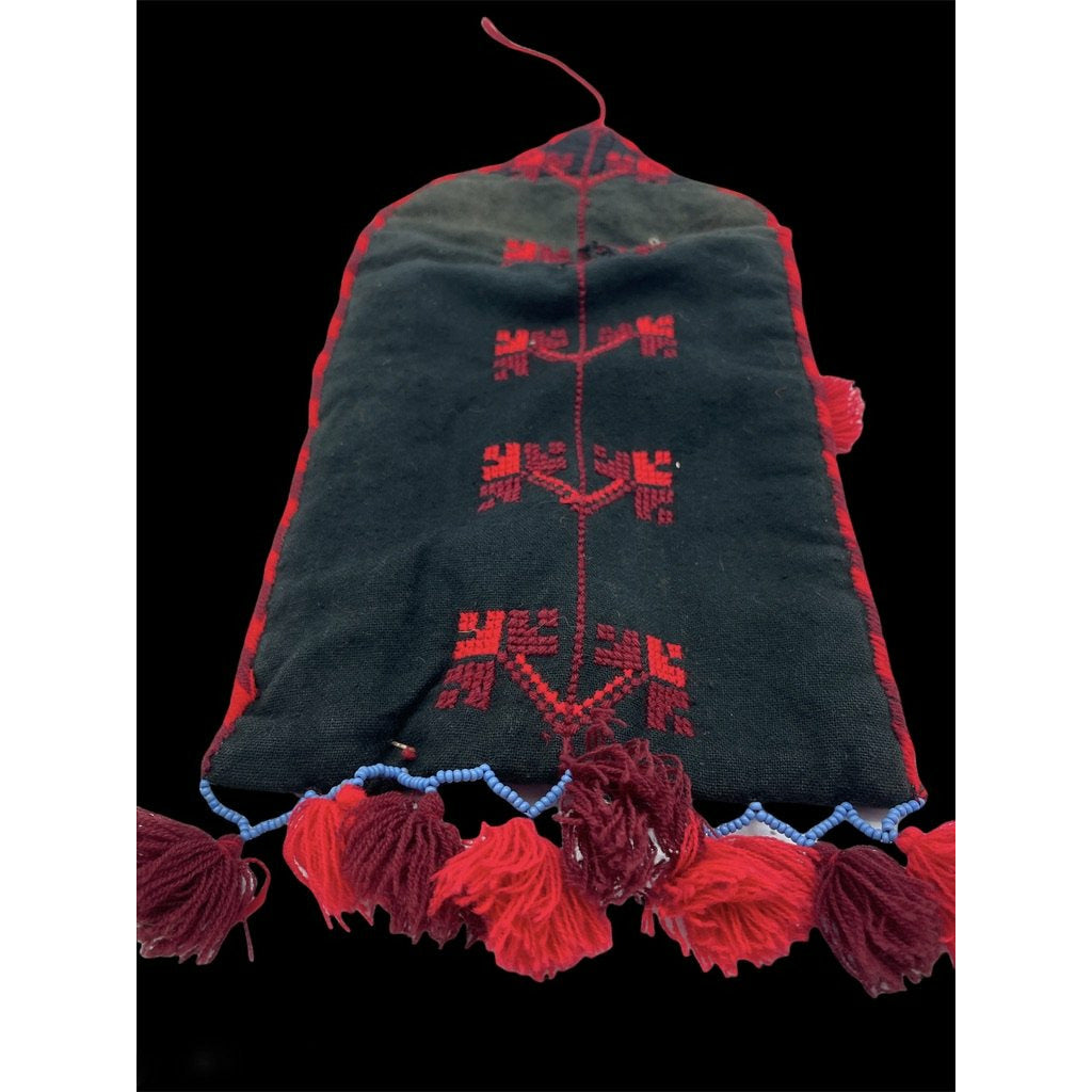 Traditional Bedouin Hand Embroidered Purse or Jewelry Bag, with Red Yarn Tassles - Rita Okrent Collection (AA291)