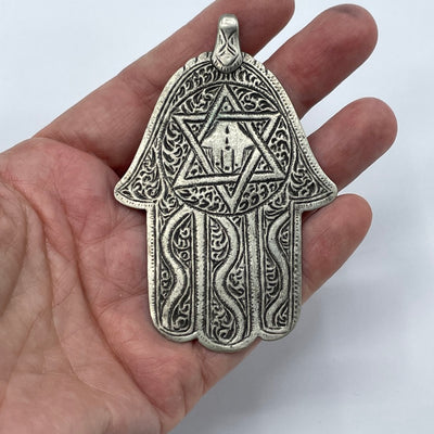 Berber Silver Hamsa Decorated with Star of David and Hamsa Etching - Rita Okrent Collection (P812)