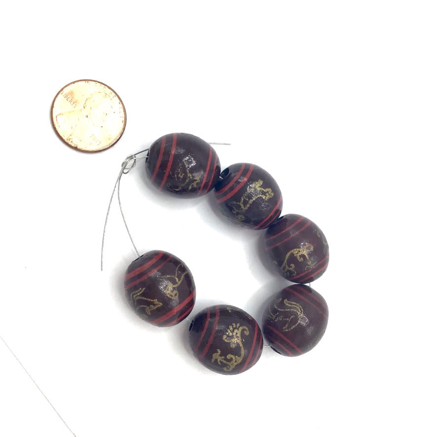 Matched Chinese Lacquer Brown, Red and Gold Wood Beads from China, Set of 6 - Rita Okrent Collection (ANT449)