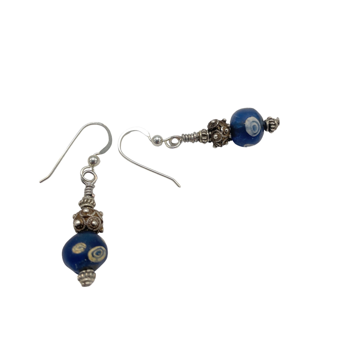 Ancient Blue Islamic Medieval Glass Evil Eye Bead Earrings with Silver - Rita Okrent Collection (E363)